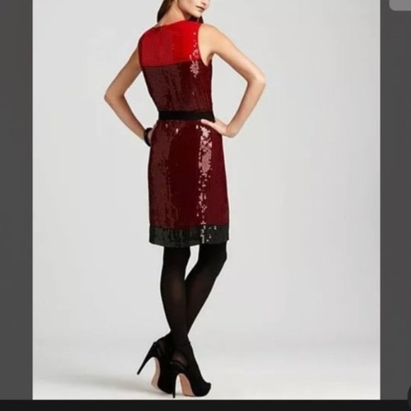 NWT $345 DKNY Sleeveless Red Lacquer Color Block Stretch Sequin Sheath Dress - Picture 3 of 16